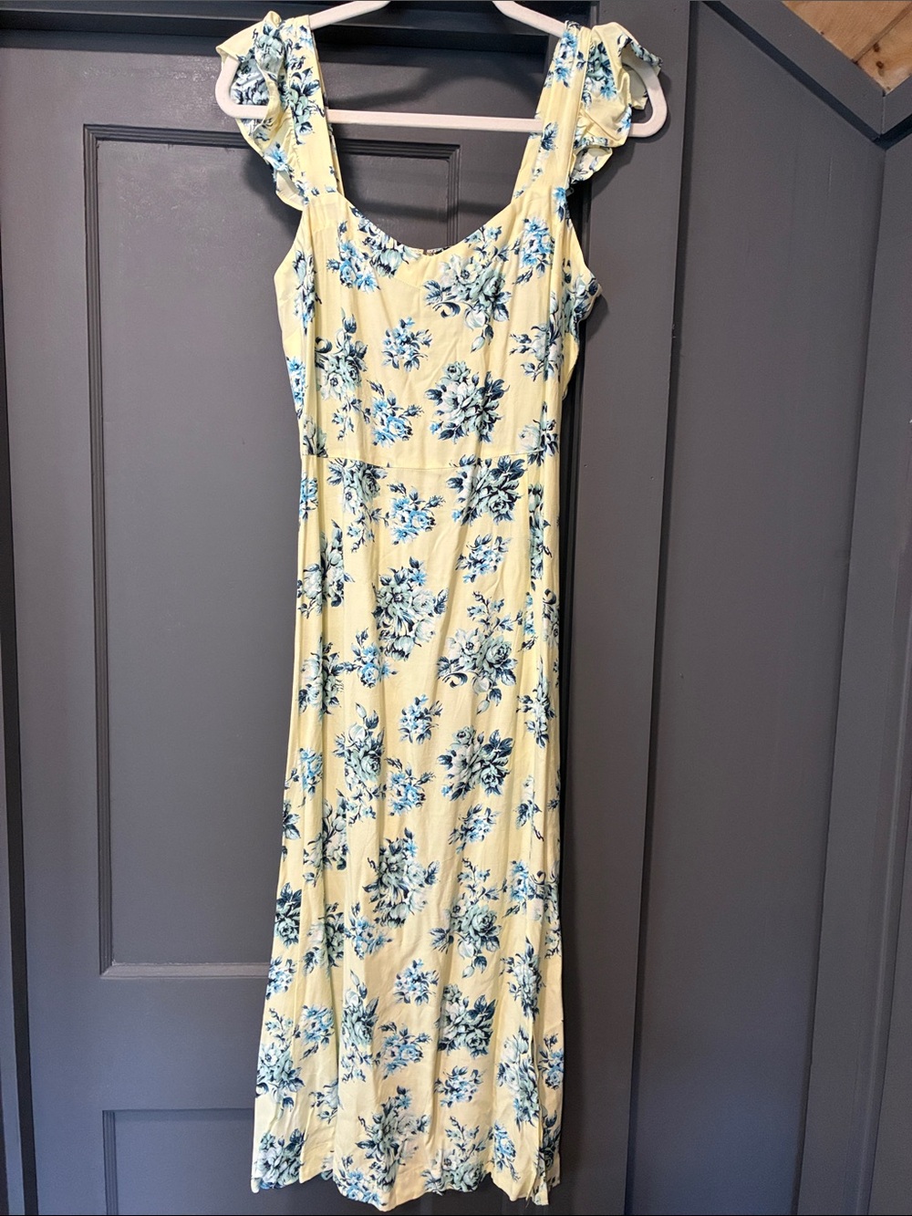 LOFT Yellow Midi Dress with Blue Floral Print